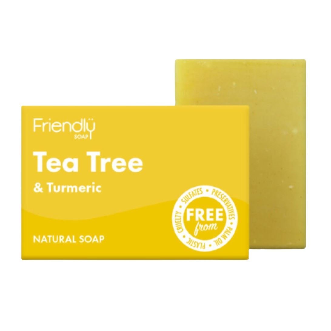 Friendly Soap såpestykke Tea Tree 95 gram gul i papir og såpe, sett fra siden med emballasje og såpe