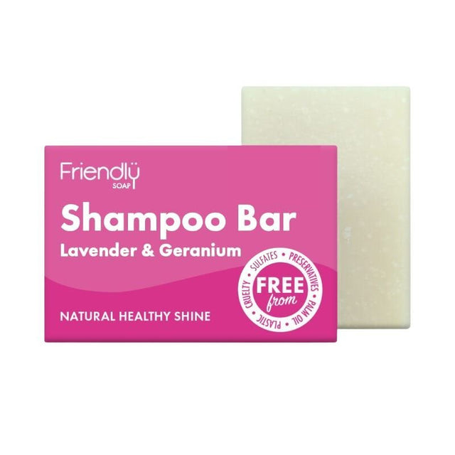 Friendly Soap Sjampobar Lavendel & Geranium 95g i hvit med rosa emballasje, sett forfra Suztain.no