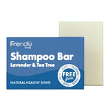 Friendly Soap sjampobar Lavendel & Tea Tree 95g i pappeske, med såpestykket delvis synlig bak