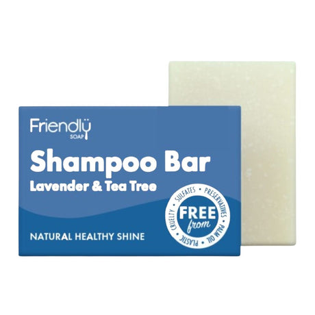 Friendly Soap sjampobar Lavendel & Tea Tree 95g i pappeske, med såpestykket delvis synlig bak
