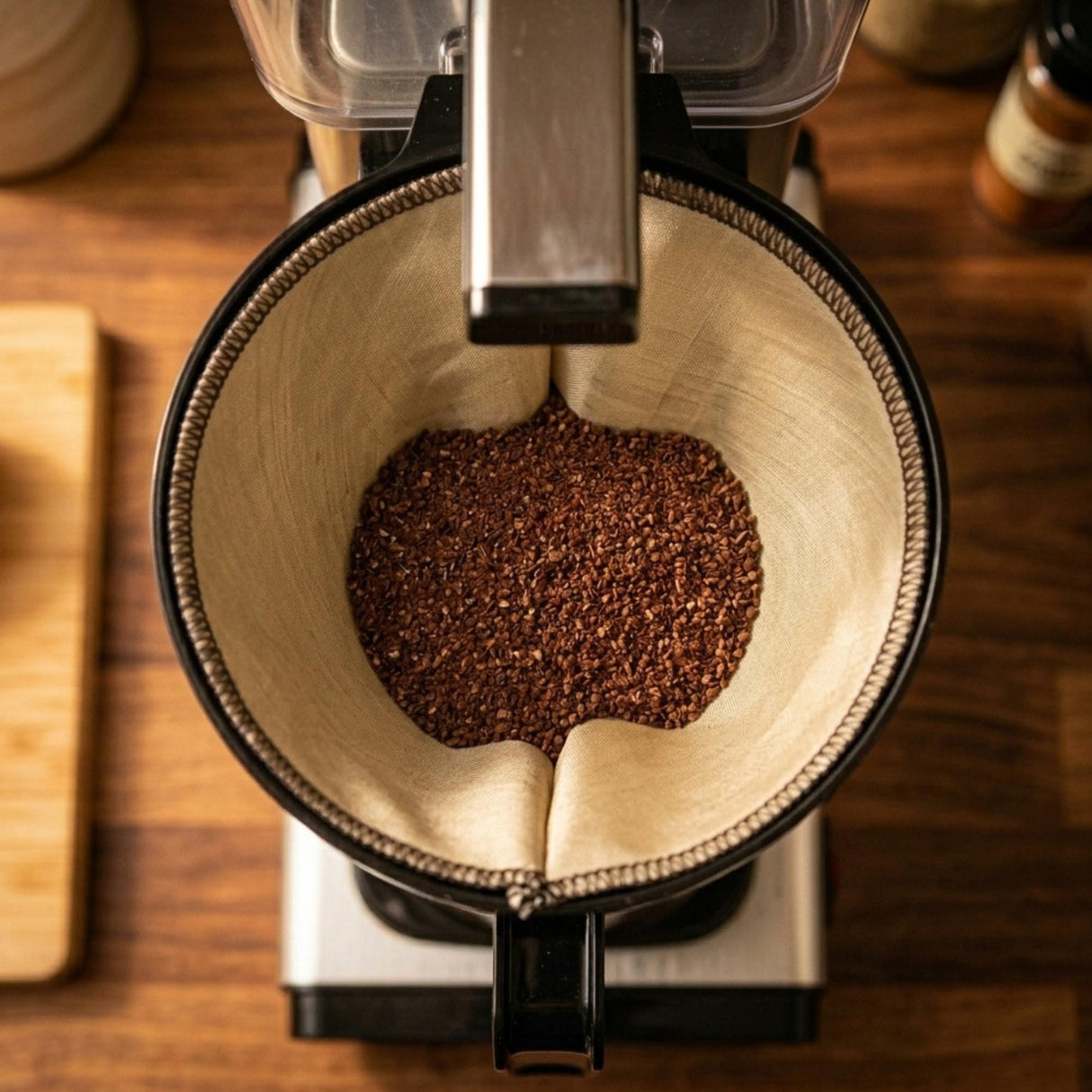 GreenGenius kaffefilter 1x4 i naturfarget tekstil med brun søm, fylt med kaffepulver, sett ovenfra