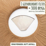 GreenGenius kaffefilter 1x4 i naturfarget tekstil med brun søm, omgitt av engangs kaffefiltre