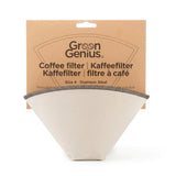 GreenGenius kaffefilter 1x4 i naturfarget tekstil med brun søm, vist i emballasje