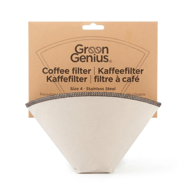 GreenGenius kaffefilter 1x4 i naturfarget tekstil med brun søm, vist i emballasje Suztain.no