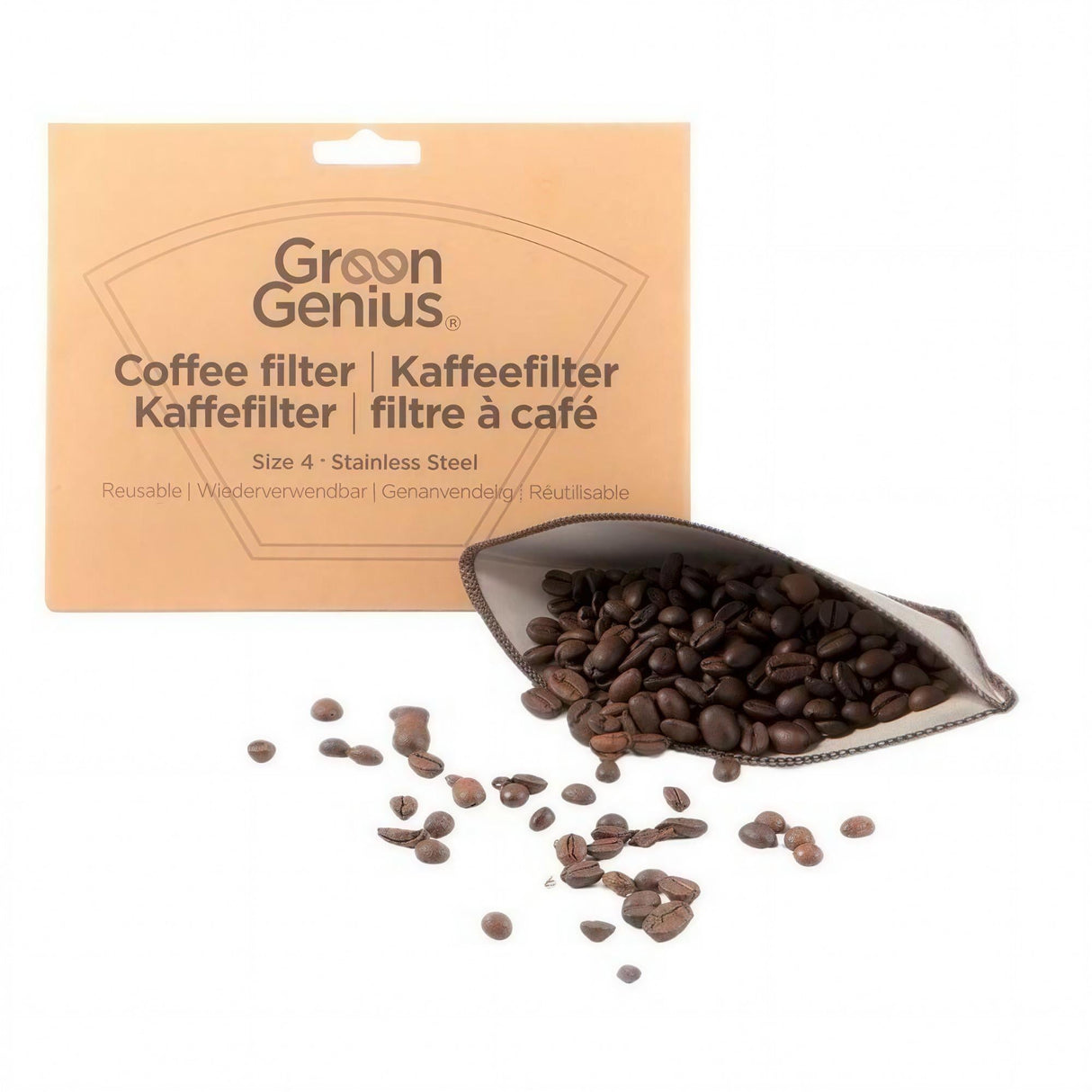 GreenGenius kaffefilter 1x4 i naturfarget tekstil med brun søm, fylt med kaffebønner