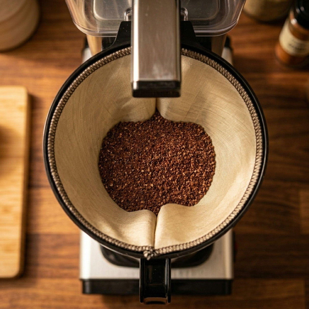 GreenGenius gjenbrukbart kaffefilter 1x6 beige i bomull og rustfritt stål, sett ovenfra med kaffepulver
