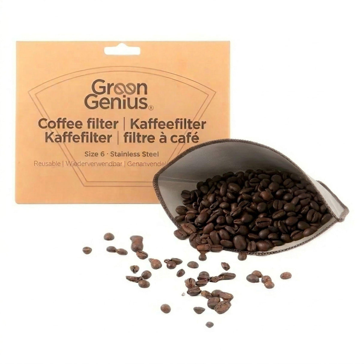 GreenGenius gjenbrukbart kaffefilter 1x6 beige i bomull og rustfritt stål, fylt med kaffebønner