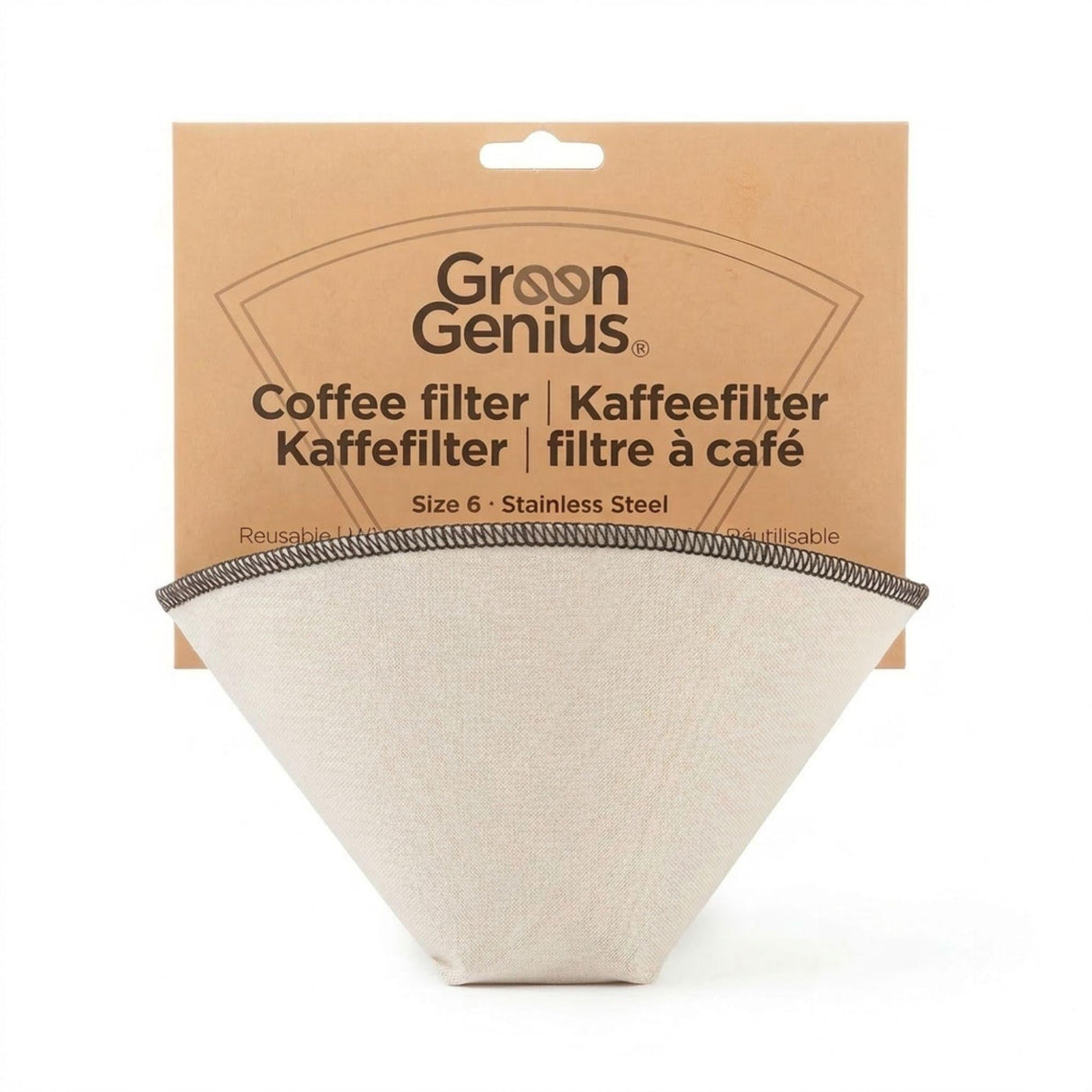 GreenGenius gjenbrukbart kaffefilter 1x6 beige i bomull og rustfritt stål, vist i emballasje