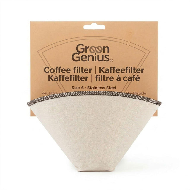 GreenGenius gjenbrukbart kaffefilter 1x6 beige i bomull og rustfritt stål, vist i emballasje Suztain.no