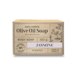 GreenGenius Olivensåpe 100g Jasmin i papiremballasje, sett forfra med tekst og illustrasjoner