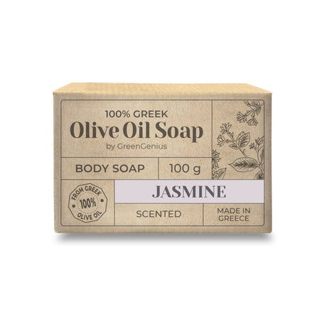GreenGenius Olivensåpe 100g Jasmin i papiremballasje, sett forfra med tekst og illustrasjoner