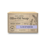 GreenGenius Olivensåpe 100g Lavendel i papir, sett fra siden med lavendelillustrasjon