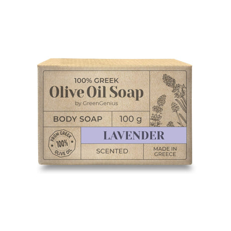 GreenGenius Olivensåpe 100g Lavendel i papir, sett fra siden med lavendelillustrasjon