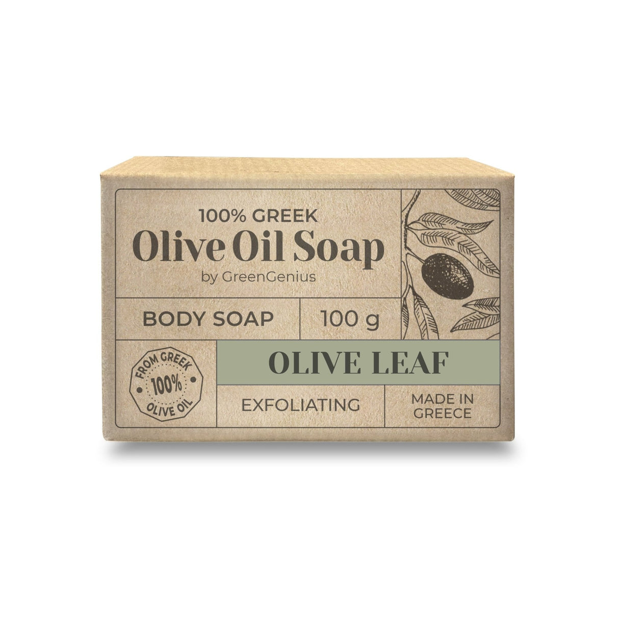 GreenGenius Olivensåpe Olivenblad 100g i pappeske, sett fra skrått ovenfra med tekst og illustrasjon