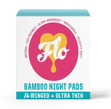 FLO Økologiske Nattbind medium flow, hvit eske med rosa og gul logo, sett forfra