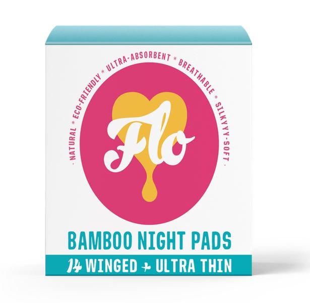 FLO Økologiske Nattbind medium flow, hvit eske med rosa og gul logo, sett forfra Suztain.no
