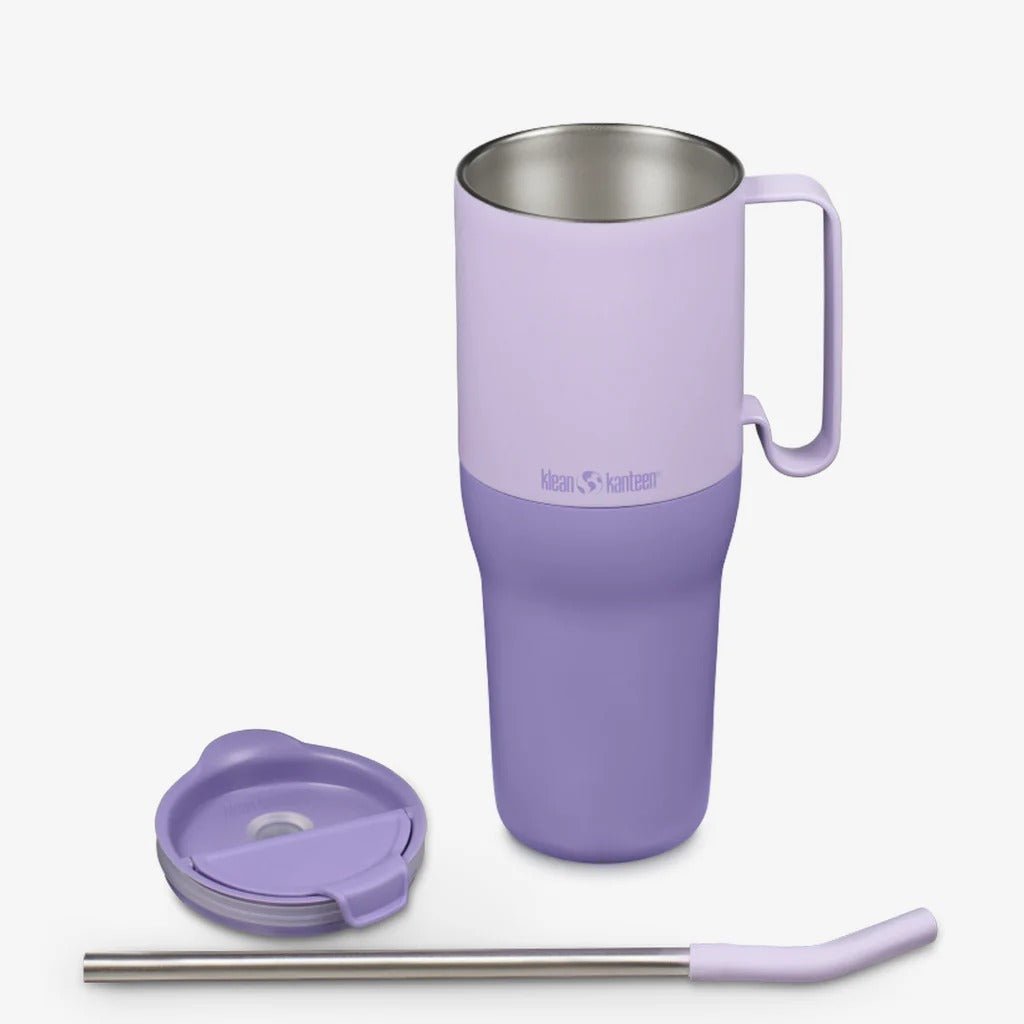 Klean Kanteen Rise Tumbler 1065 ml Orchid Bloom i rustfritt stål, med lokk og sugerør ved siden av