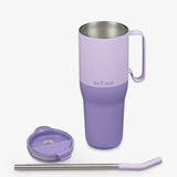 Klean Kanteen Rise Tumbler 1065 ml Orchid Bloom i rustfritt stål, med lokk og sugerør ved siden av