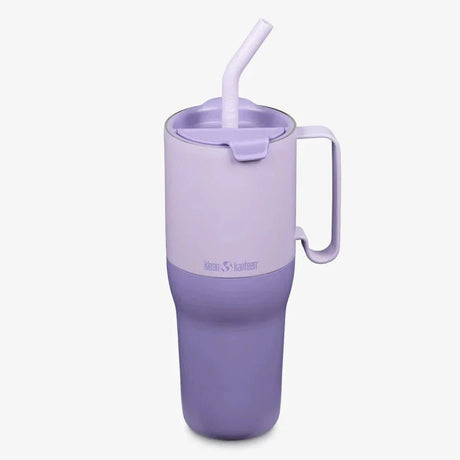 Klean Kanteen Rise Tumbler 1065 ml Orchid Bloom i rustfritt stål, sett forfra med sugerør og håndtak