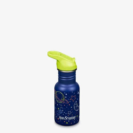 Klean Kanteen Drikkeflaske Barn 355ml Milky Way i rustfritt stål, sett fra siden med åpen sportshette