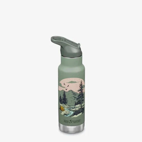 Klean Kanteen Termoflaske 355ml Mountain Scape i rustfritt stål, sett fra siden med åpen tut