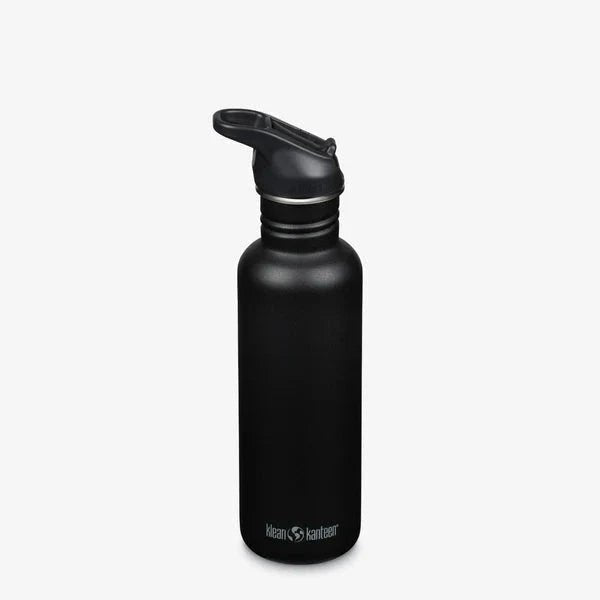 Klean Kanteen Classic drikkeflaske 800ml i matt svart rustfritt stål, med lokk og sugerør, sett forfra