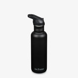 Klean Kanteen Classic drikkeflaske 800ml i matt svart rustfritt stål, med lokk og sugerør, sett forfra