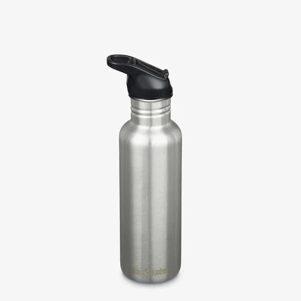 Klean Kanteen Classic drikkeflaske 800ml Brushed Stainless i rustfritt stål, med svart sportslokk Suztain.no