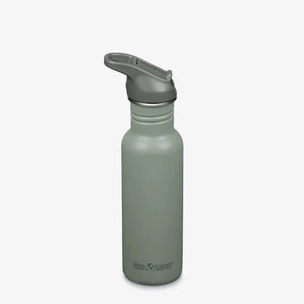 Klean Kanteen Classic drikkeflaske 800ml Sea Spray i rustfritt stål, sett fra siden med lokket åpent