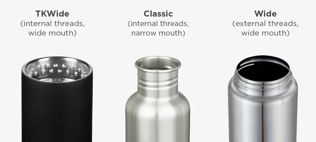 Klean Kanteen flaskehalser i rustfritt stål, tre varianter side ved side med tekstbeskrivelser