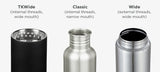 Klean Kanteen flaskehalser i rustfritt stål, tre varianter side ved side med tekstbeskrivelser