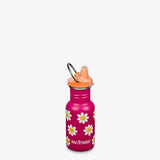 Klean Kanteen Drikkeflaske Barn 355ml Classic Happy Flowers i rustfritt stål, sett forfra med oransje tut