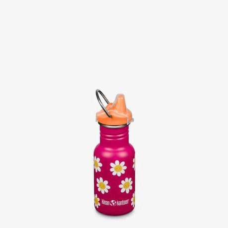 Klean Kanteen Drikkeflaske Barn 355ml Classic Happy Flowers i rustfritt stål, sett forfra med oransje tut