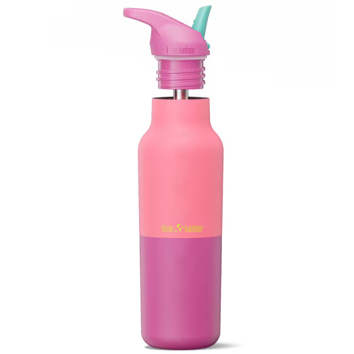 Klean Kanteen isolert drikkeflaske 473 ml i Pink Lemonade Kaleidoscope farger, med tuten delvis skrudd av