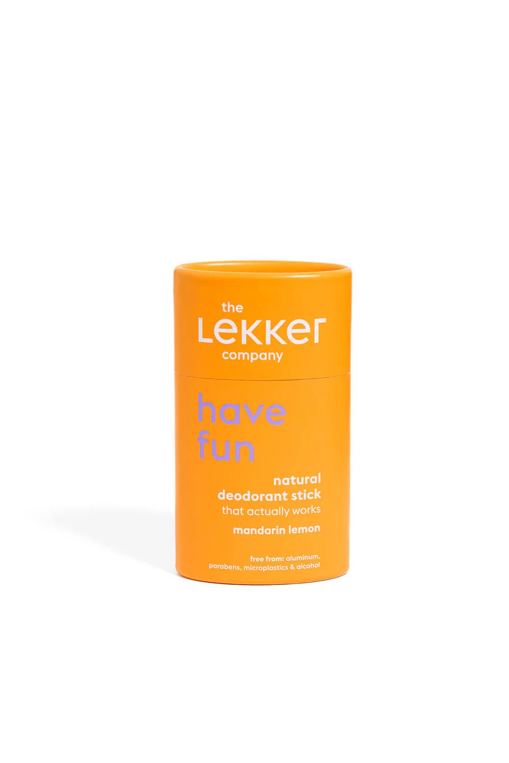 The Lekker Company Deodorant Stick Have Fun i oransje pappemballasje, sett forfra med tekst på etiketten