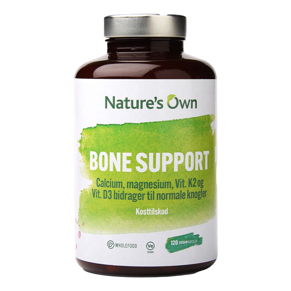 Natures Own Bone Support 120 kapsler i brun flaske med grønn etikett og sølvfarget lokk