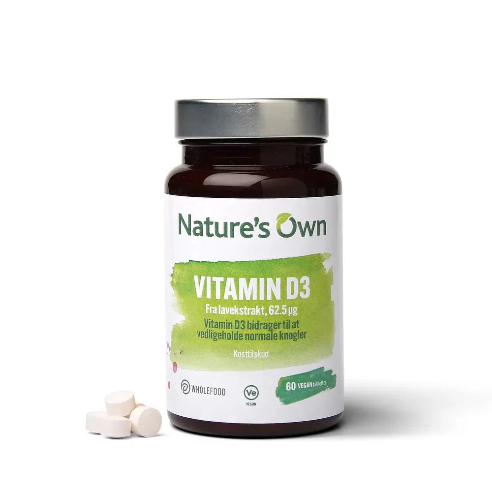 Natures Own Vitamin D3 60 tabletter i brun flaske med grønn etikett på hvit bakgrunn