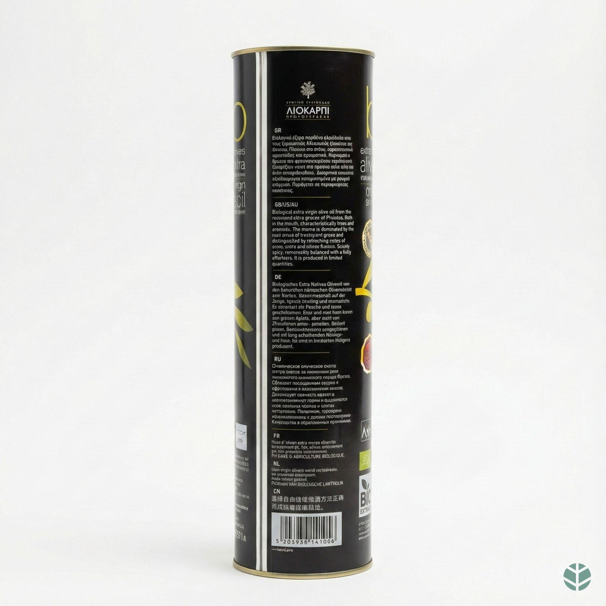 Protogerakis økologisk olivenolje 1 liter i svart metallbeholder med produktinformasjon på flere språk, sett fra siden