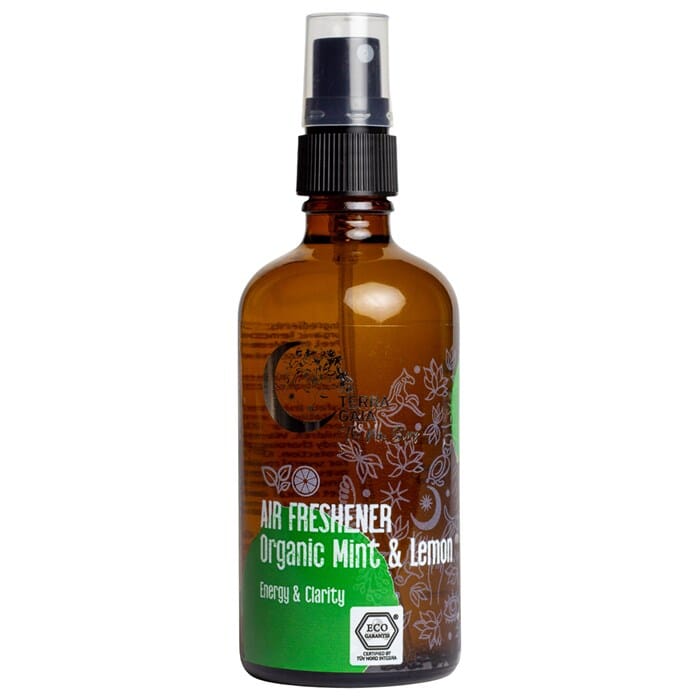 Terra Gaia økologisk luftfrisker med mynte og sitron 100 ml i brun glassflaske med spraypumpe