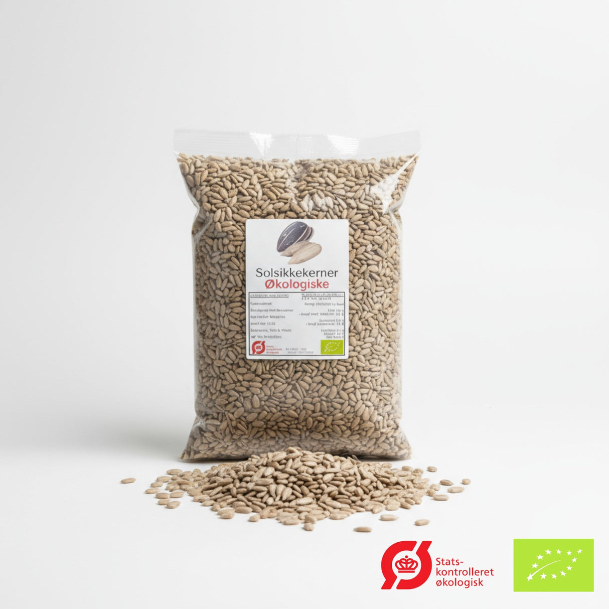 Sustzain økologiske solsikkekjerner 1 kg i gjennomsiktig pose med spredte kjerner på hvit bakgrunn