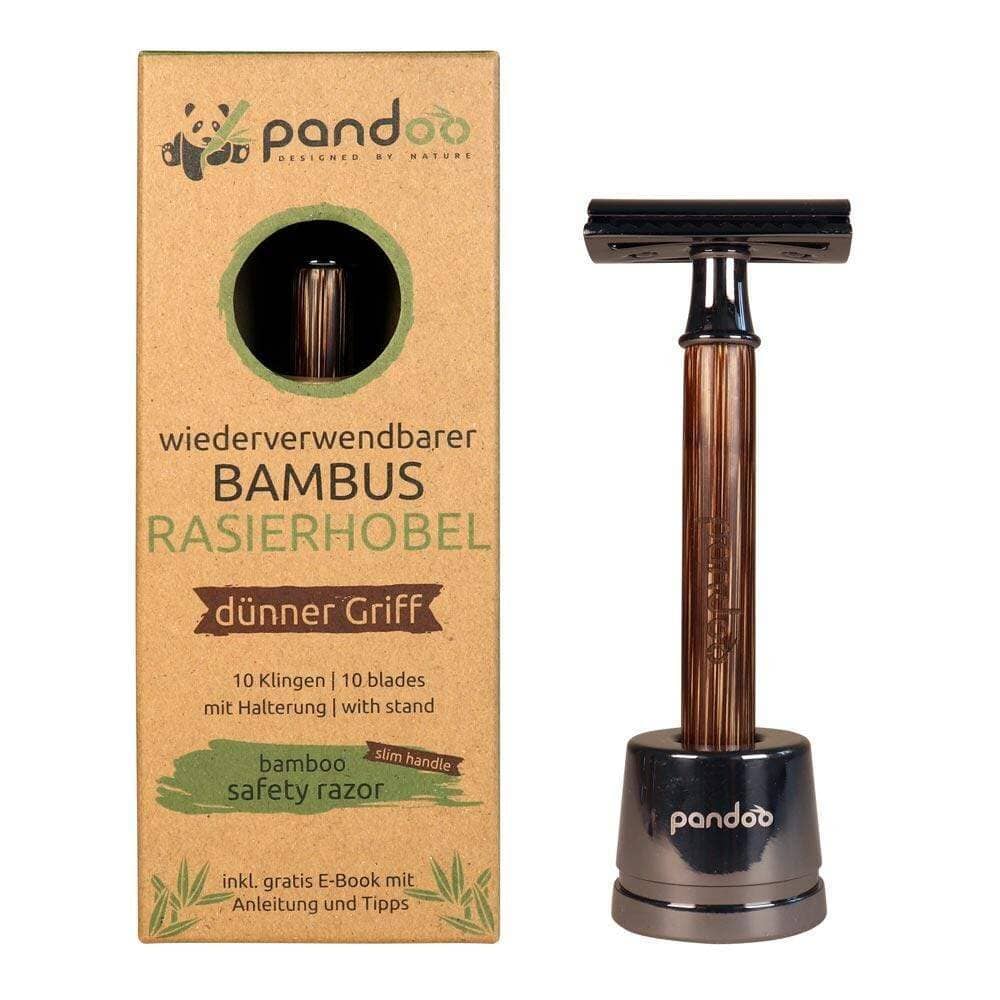 Pandoo barberhøvel med smalt skaft i bambus og metall, med emballasje og holder