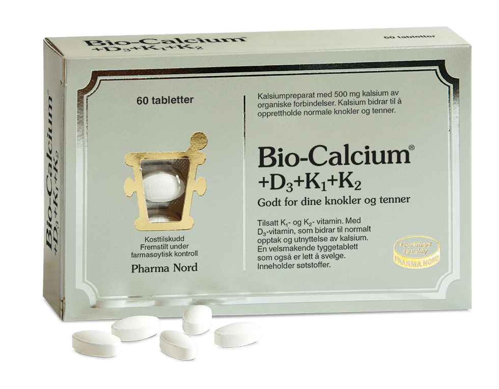 Pharma Nord Bio-Calcium+D3+K1+K2, eske med 60 tabletter og hvite tabletter foran
