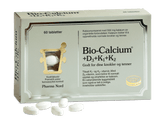 Pharma Nord Bio-Calcium+D3+K1+K2, eske med 60 tabletter og hvite tabletter foran