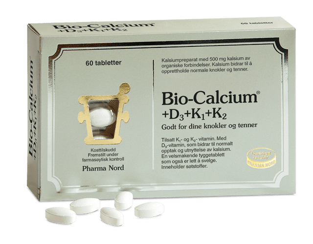 Pharma Nord Bio-Calcium+D3+K1+K2, eske med 60 tabletter og hvite tabletter foran Suztain.no