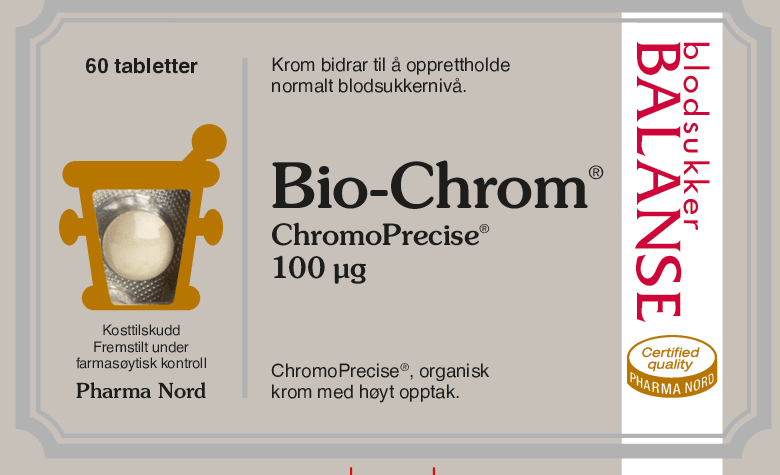 Pharma Nord Bio-Chrom ChromoPrecise 100 µg, forside av hvit eske med 60 tabletter