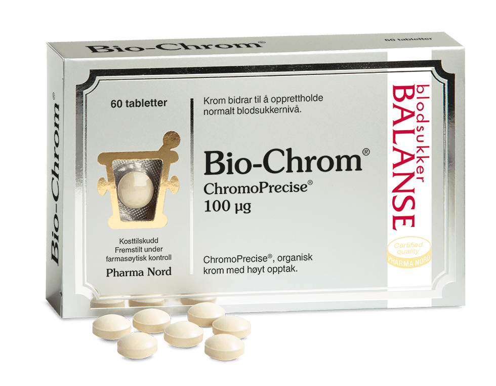 Pharma Nord Bio-Chrom ChromoPrecise 100 µg, eske med 60 tabletter og hvite tabletter foran