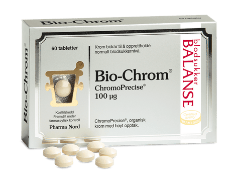 Pharma Nord Bio-Chrom ChromoPrecise 100 µg, eske med 60 tabletter og hvite tabletter foran