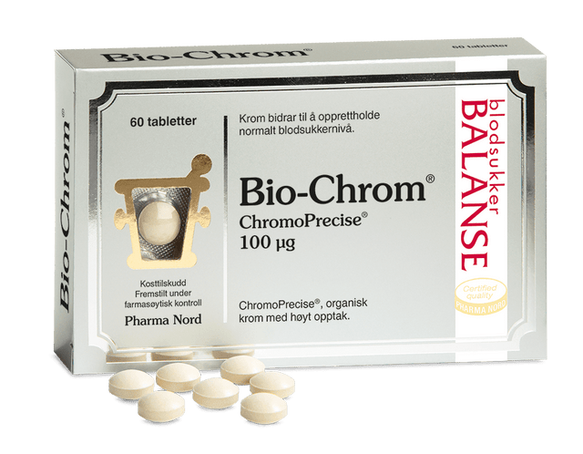 Pharma Nord Bio-Chrom ChromoPrecise 100 µg, eske med 60 tabletter og hvite tabletter foran Suztain.no