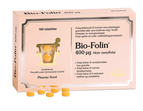 Pharma Nord Bio-Folin 400 µg, eske med 180 tabletter og gule tabletter foran