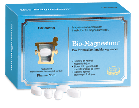 Pharma Nord Bio-Magnesium, eske med 150 tabletter og hvite tabletter foran